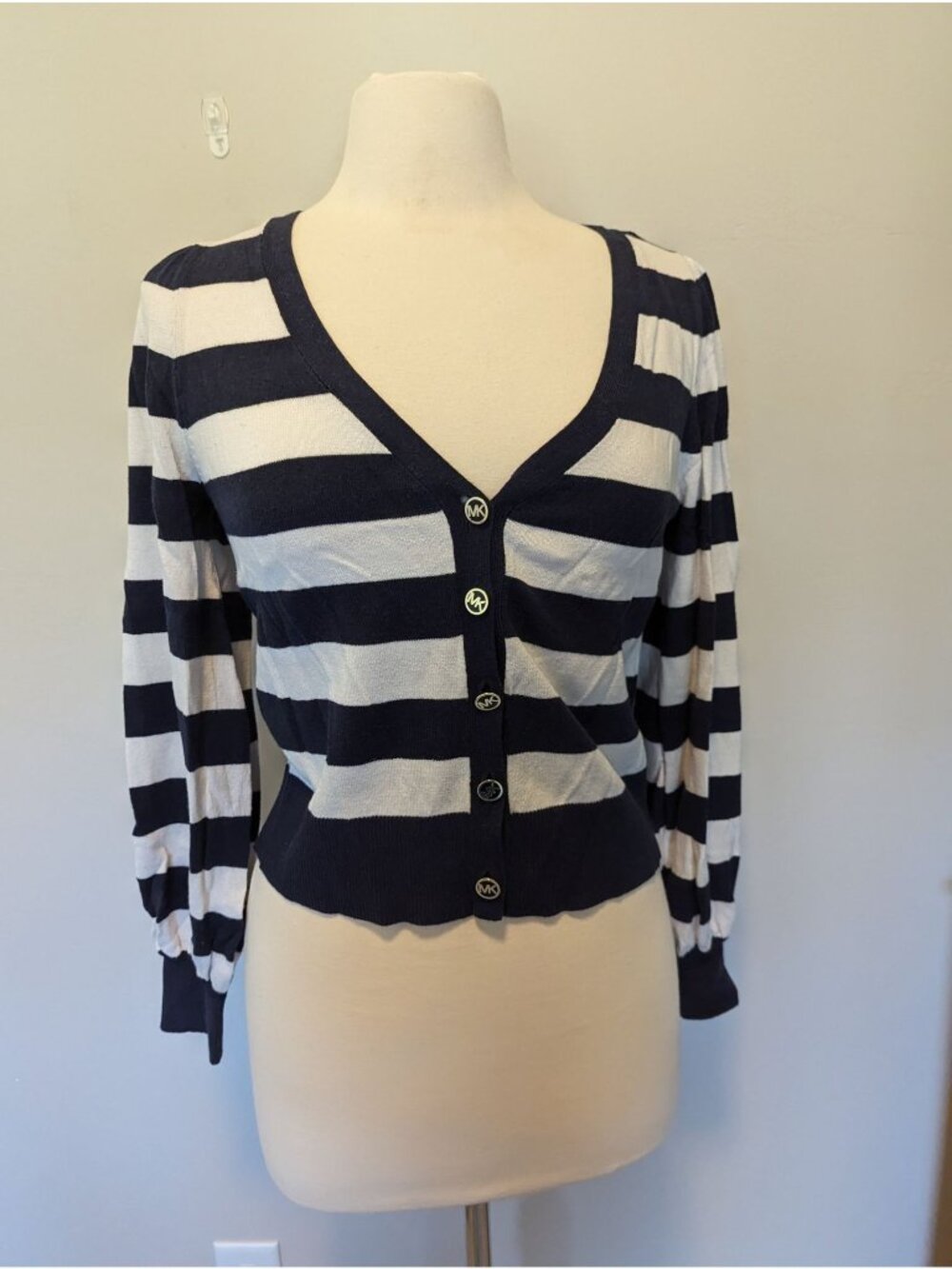 Michael Kors Navy & White Striped Button-Up Cardigan Sweater Size S